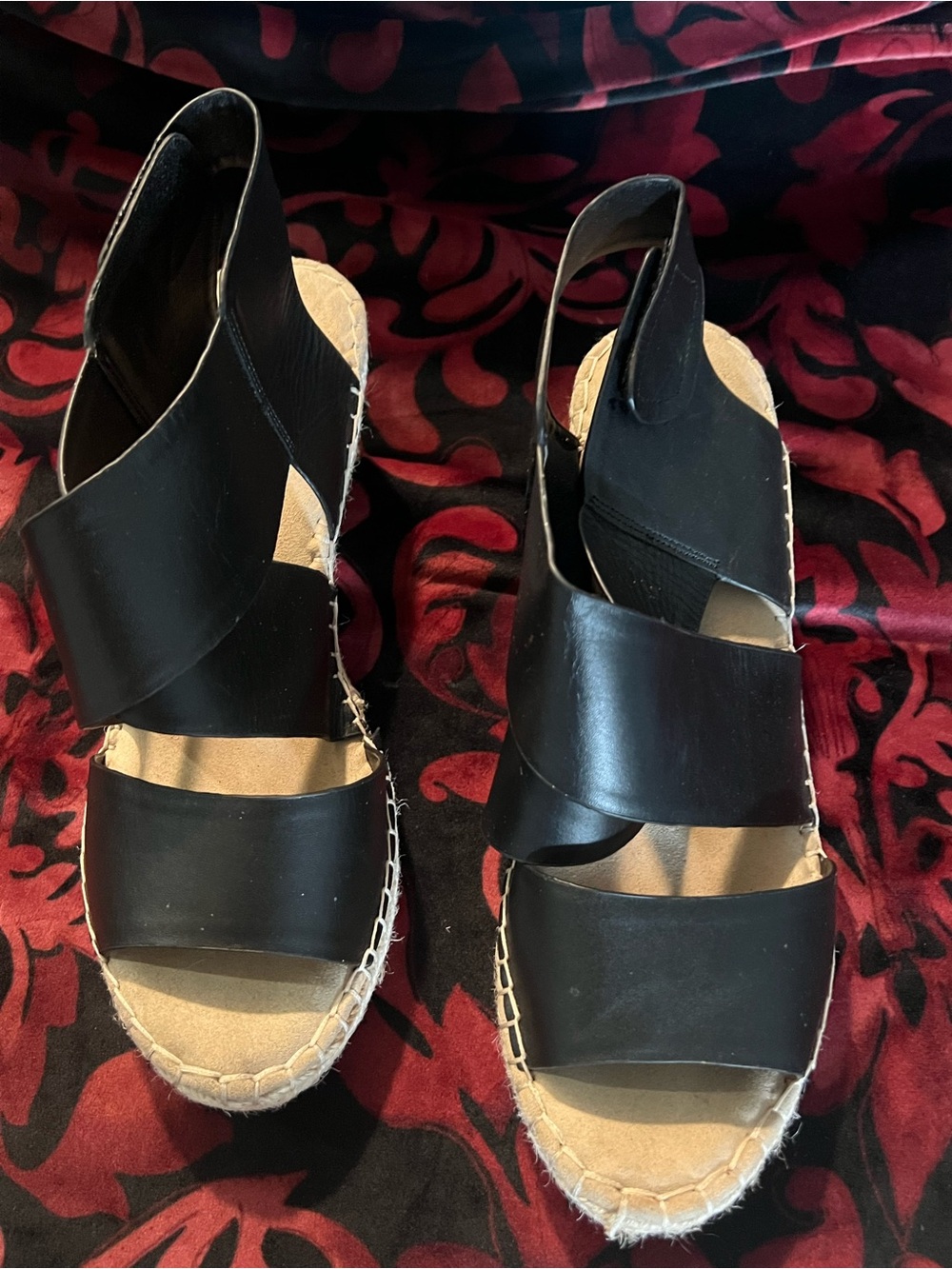 Black Leather Espadrille Wedge Sandals with Crisscross Straps